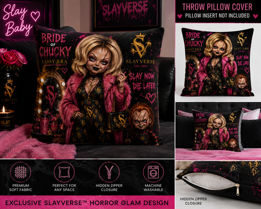 Bride of Chucky Sassy Era Throw Pillow Cover | SlayVerse™ Luxury Horror Collection